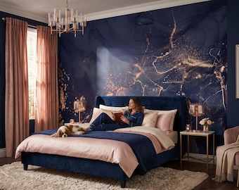 Navy marble wallpaper, dark abstract wall art, home decor, peel and stick *self adhesive* or traditional vinyl paper