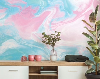 Bubblegum Colored Marble Wallpaper, Blue & Pink Watercolor Wall Mural • Peel and Stick *self adhesive* or Non-Pasted Vinyl Materials