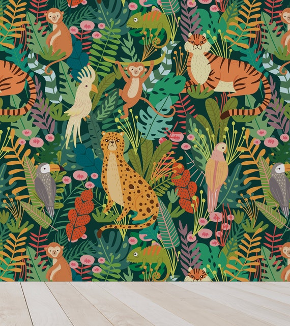 Jungle Wallpaper With Plants and Wild Animals for Kids Self - Etsy Israel Jungle Wallpaper With Plants and Wild Animals for Kids Self - Etsy Israel