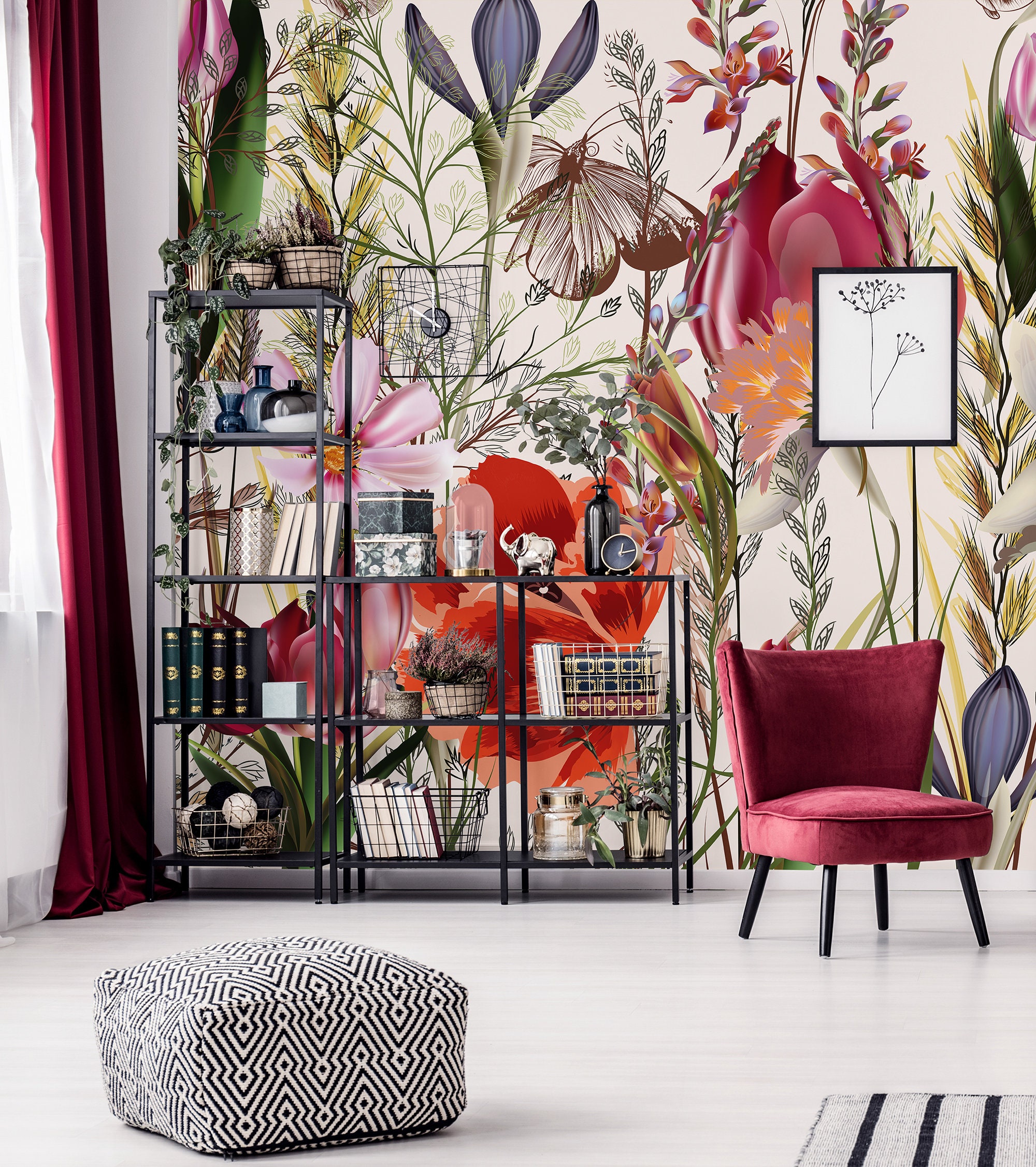 Colorful Floral Meadow Wallpaper || Peel and Stick Floral Wall Mural - Etsy