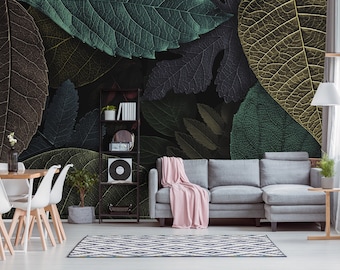 Dark wallpaper with colorful leaves, self adhesive, peel and stick floral wall mural
