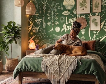 Papel de parede verde com folhas de maconha, ervas, produtos farmacêuticos e símbolos, decoração para casa, adesivo removível ou vinil tradicional.