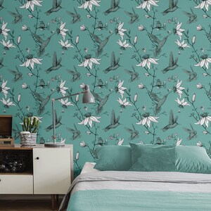 Wallpaper with humming birds and white lily flowers, self adhesive, peel and stick floral wall mural