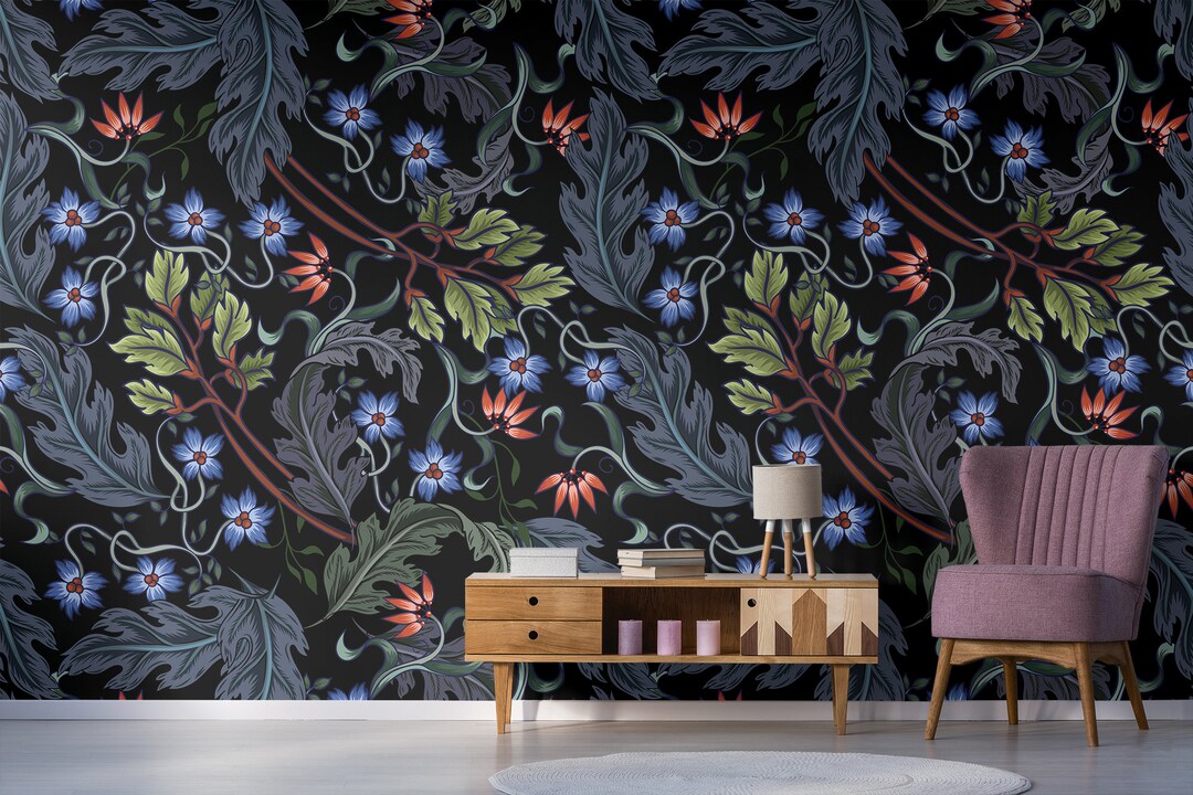 Dark Art Deco Wallpaper With Colorful Floral Pattern Self Etsy