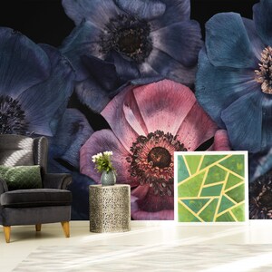 Photo wallpaper with blue and pink anemone flowers, self adhesive, peel and stick floral wall mural