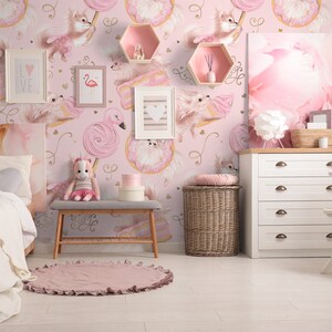 Cute pink wallpaper with dogs and sweets || For Kids, self adhesive, peel and stick wall mural