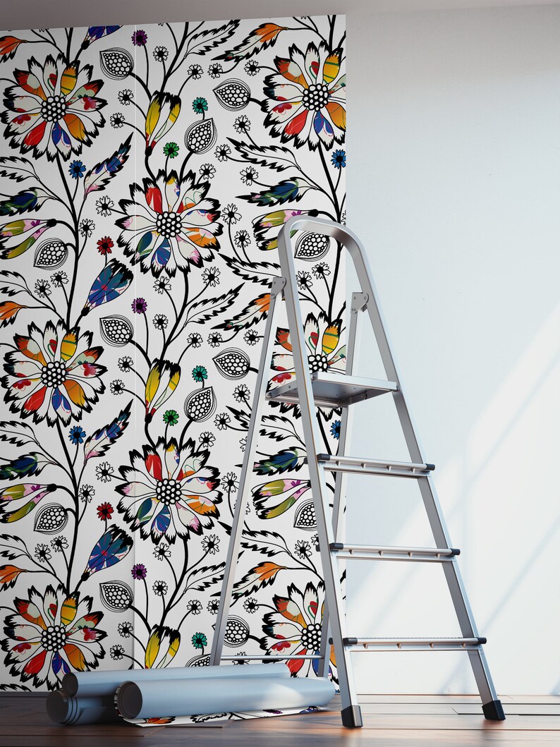 Vit tapet med färgglatt abstrakt blommönster, självhäftande, självhäftande blommotiv bild 4