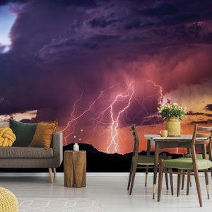 Sunset and lightnings wallpaper, self adhesive, peel and stick wall mural