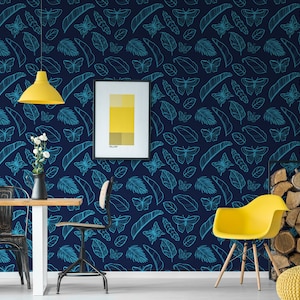 Blue wallpaper with butterflies and leaves, self adhesive, peel and stick floral wall mural