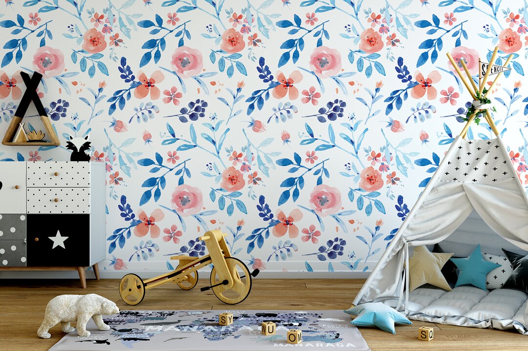 White Wallpaper With Blue and Pink Floral Pattern for Kids - Etsy