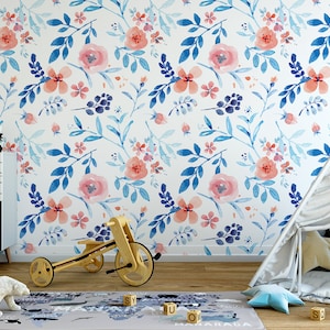 White wallpaper with blue and pink floral pattern || For Kids, self adhesive, peel and stick wall mural
