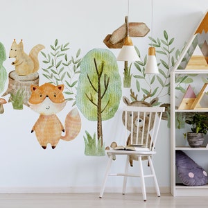 Papel pintado de acuarela con animales de dibujos animados en un bosque, papel pintado para niños, autoadhesivo, mural de pared floral de pelar y pegar