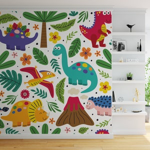May include: A white background with a colorful pattern of dinosaurs, palm trees, and flowers. The dinosaurs are in various colors, including red, blue, green, and yellow. The palm trees are green with brown trunks. The flowers are pink, yellow, and orange.