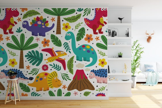 Colorful cartoon dinosaur pattern wallpaper || For Kids, self adhesive, peel and stick wall mural