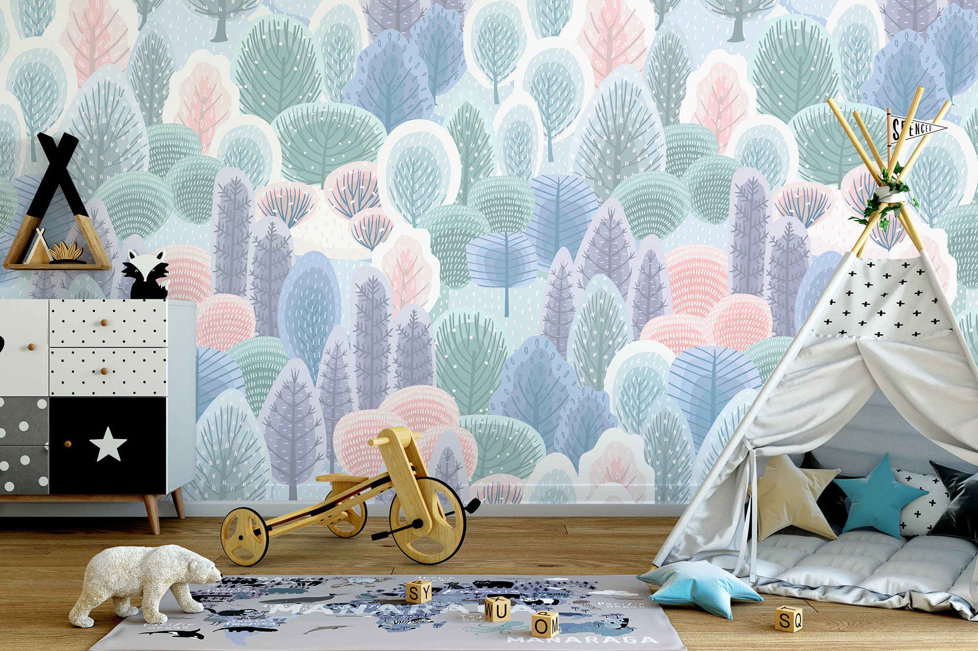 Colorful Winter Forest Wallpaper for Kids Self Adhesive | Etsy