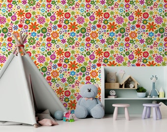 Beautiful wallpaper with colorful floral pattern, Wallpaper for kids, self adhesive, peel and stick floral wall mural