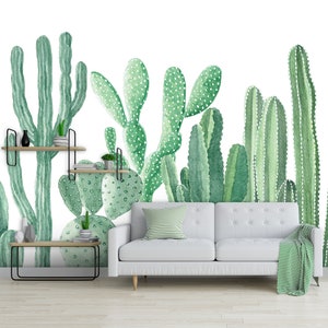 Carta da parati con cactus dell'acquerello, autoadesiva, rimovibile, staccabile e incolla temporanea, murale floreale