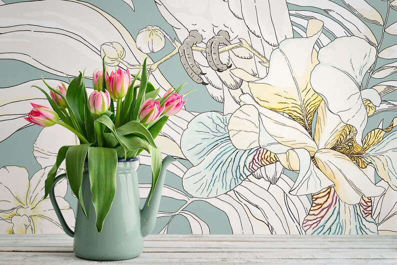 Light Blue Wallpaper With White Flowers and Parrots Self Etsy