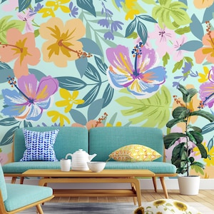 Carta da parati retrò floreale colorata, murale da parete botanico boho tropicale • Carta da parati autoadesiva staccabile e attaccabile o carta da parati tradizionale •