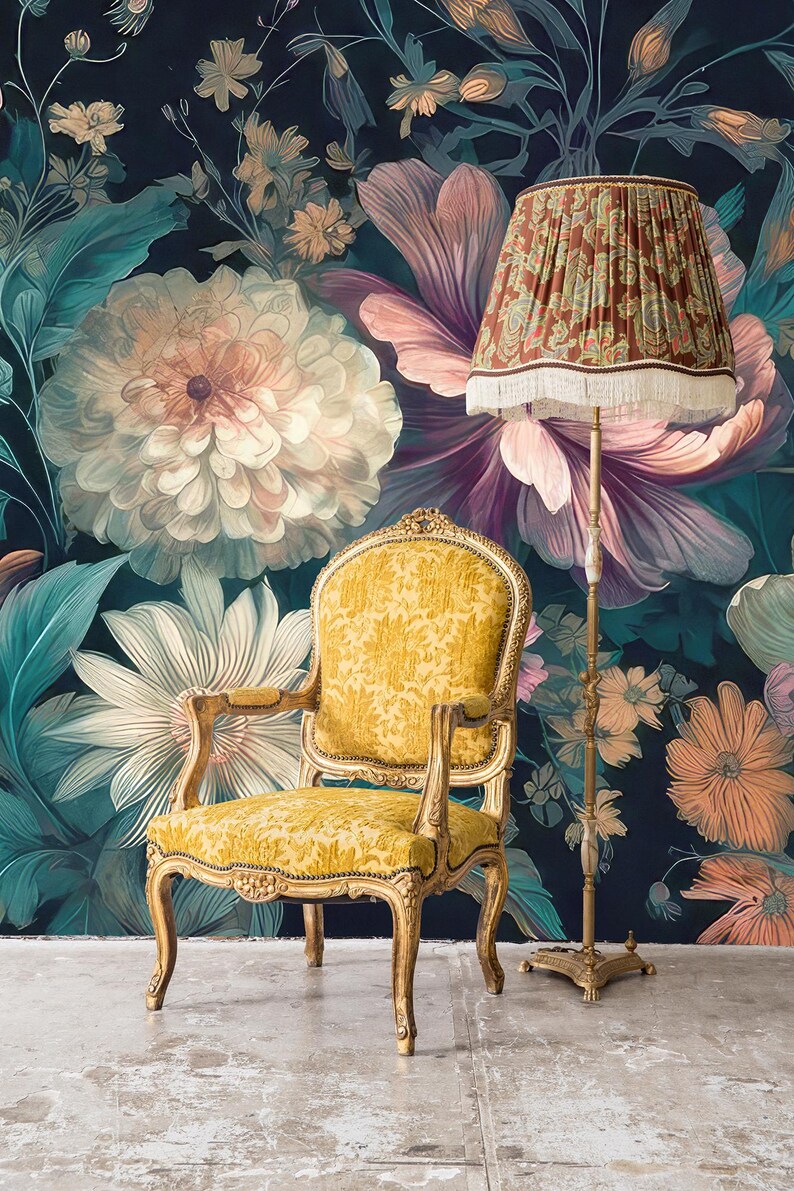 Buy Vintage Flowers Dark Wallpaper, Floral Art, Botanical Wall Mural