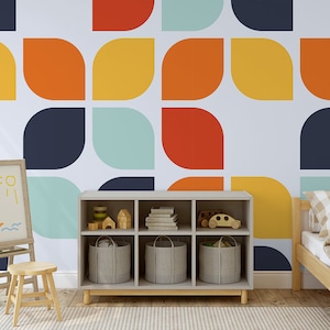 Wallpaper with colorful geometric pattern || For Kids, self adhesive, peel and stick wall mural