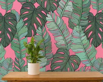 Pink & Green Boho Tropical Leaves Wallpaper, Retro Botanical Wall Mural • Peel and Stick *self adhesive* or Non-Pasted Vinyl Materials