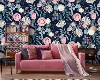 Dark floral wallpaper with pink roses, self adhesive, peel and stick floral wall mural