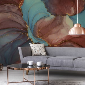 Brown and blue watercolor marble wallpaper || self adhesive, peel and stick wall mural