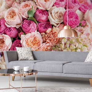 Vivid colorful floral rose bouquet wallpaper, self adhesive, peel and stick floral wall mural