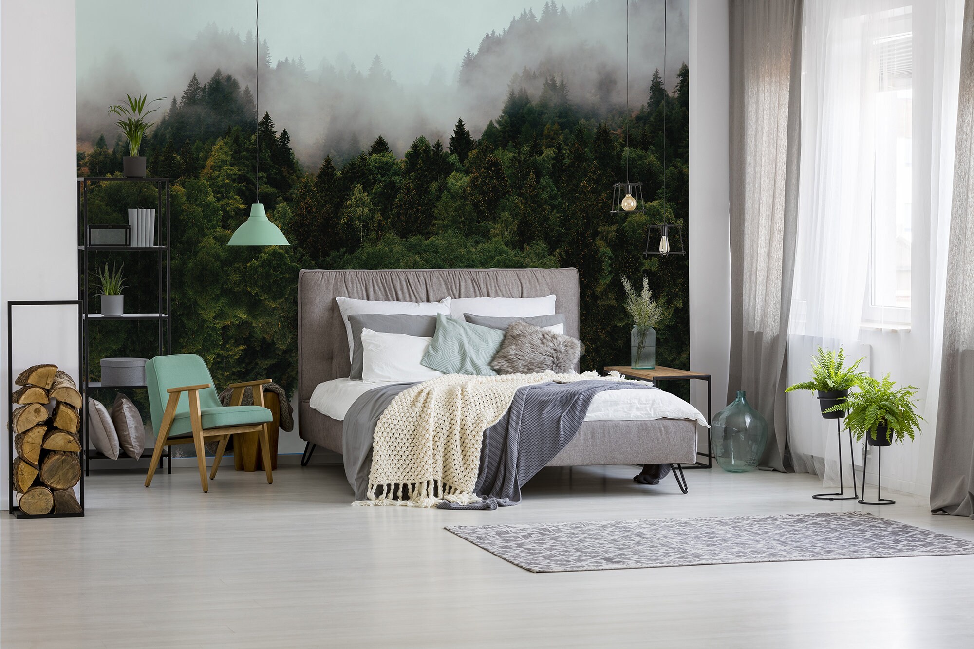 Foggy Green Forest Wallpaper, Self Adhesive, Peel and Stick Wall Mural ...