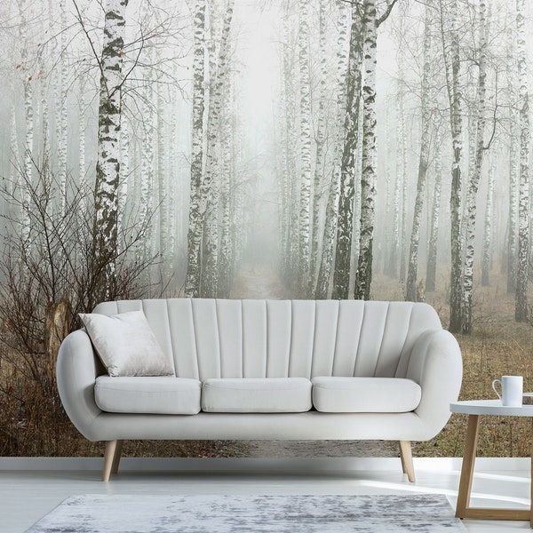 Misty birch tree forest photo wallpaper || self adhesive, peel and stick wall mural