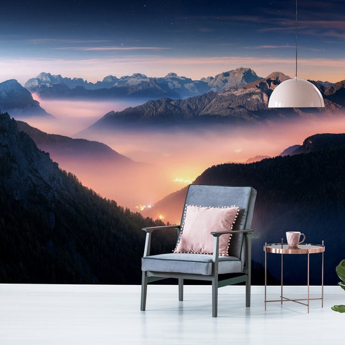 Foggy Mountains Wallpaper and Night Sky Self Adhesive Peel Etsy
