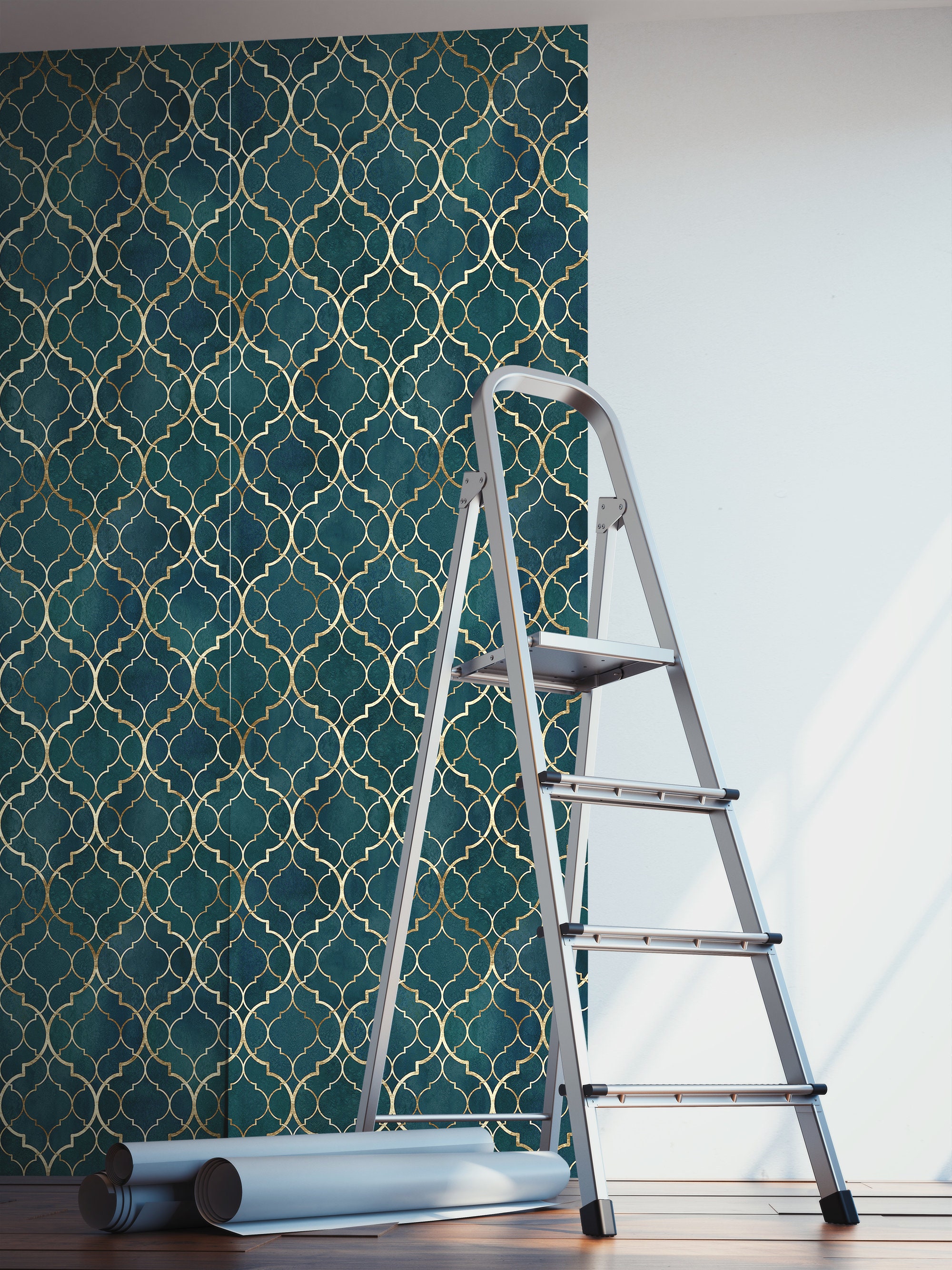 Dark Teal and Gold Damask Pattern Wallpaper no Shiny Effects Etsy