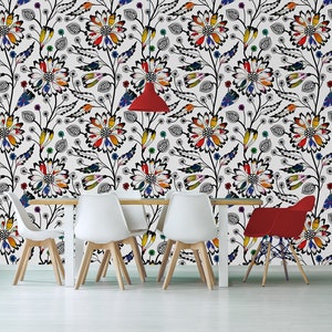 Vit tapet med färgglatt abstrakt blommönster, självhäftande, självhäftande blommotiv bild 2