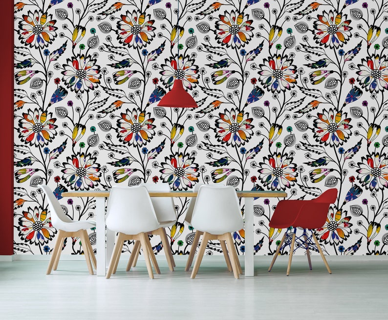 Vit tapet med färgglatt abstrakt blommönster, självhäftande, självhäftande blommotiv bild 2
