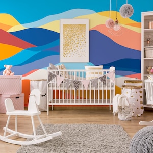 Abstract vector multicolor mountain wallpaper || For Kids, self adhesive, peel and stick wall mural