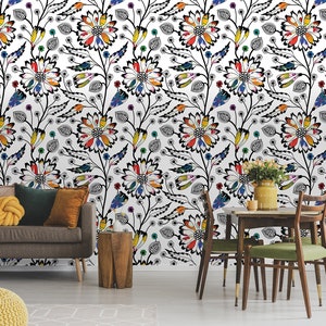 Vit tapet med färgglatt abstrakt blommönster, självhäftande, självhäftande blommotiv bild 3