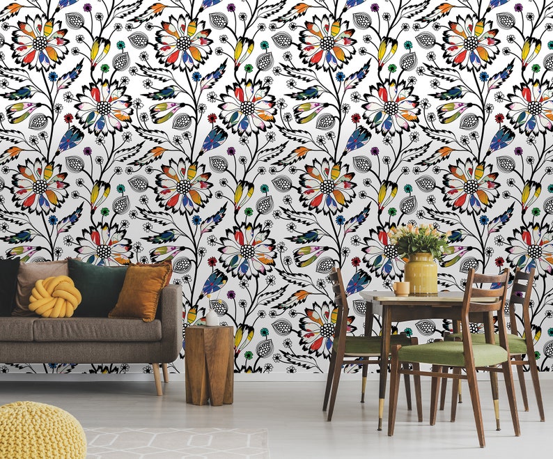 Vit tapet med färgglatt abstrakt blommönster, självhäftande, självhäftande blommotiv bild 3