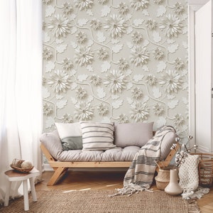 White Beige 3D Imitation Floral Pattern Wallpaper Self - Etsy