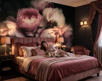 Dusky pink peonies wallpaper, botanical wall mural, floral wall art, home decor, peel and stick *self adhesive* or traditional vinyl paper