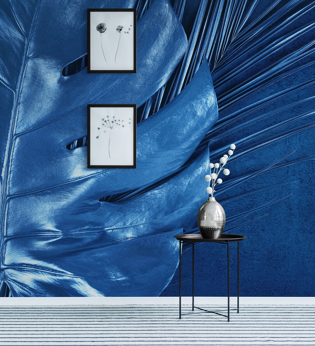 Cobalt Blue Wallpaper With Palm and Monstera Leaf Peel and Stick Botanical Wall Mural Etsy