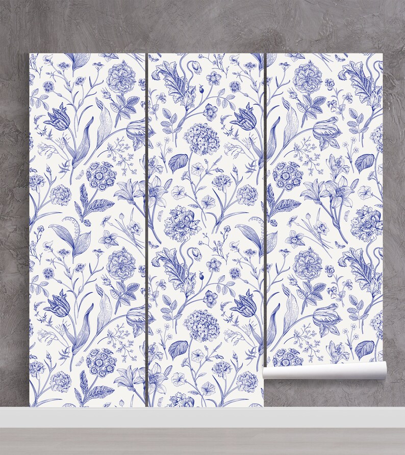 White Wallpaper With Blue Floral Pattern Self Adhesive Peel Etsy