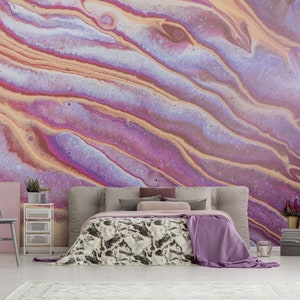 Pink and orange abstract wavy marbled wallpaper || self adhesive, peel and stick wall mural