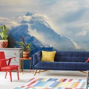 Blue mountain landscape photo wallpaper || self adhesive, peel and stick wall mural