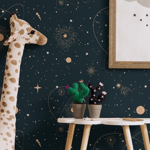 Dunkle Planeten-Tapete für Kinderzimmer, Himmelsstern- und Planeten-Kinderzimmermuster • Abziehen und Aufkleben *selbstklebend* oder nicht geklebte Vinylmaterialien •