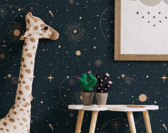Kids Room Dark Planetary Wallpaper, Celestial Star & Planet Nursery Pattern • Peel and Stick *self adhesive* or Non-Pasted Vinyl Materials •