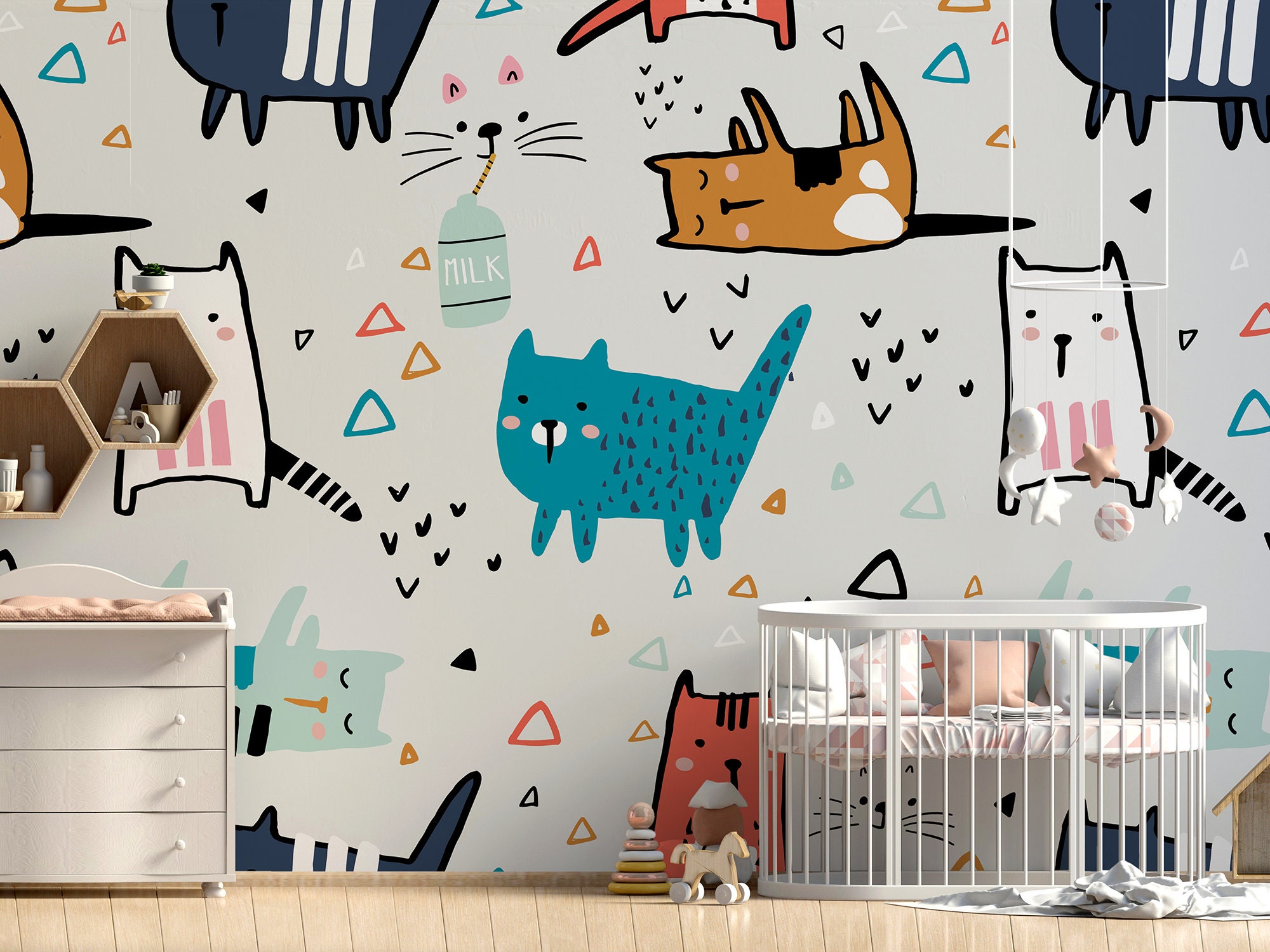 Papel pintado autoadhesivo gato sin fisuras gatito abrazo pescado calico  bufanda aislada de dibujos animados despegar y pegar papel pintado  decorativo