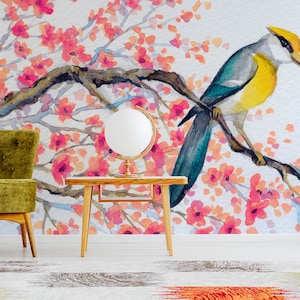 Oriental wallpaper with watercolor cherry tree, blossoms & bird, self adhesive, peel and stick floral wall mural