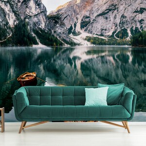 Beautiful mountain and lake landscape wallpaper, self adhesive, peel and stick wall mural