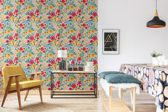 Colorful wallpaper with cartoon floral pattern, self adhesive, peel and stick floral wall mural